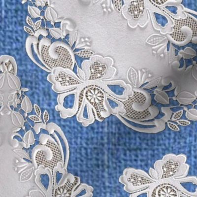 Small repeat lace patterns on blue denim