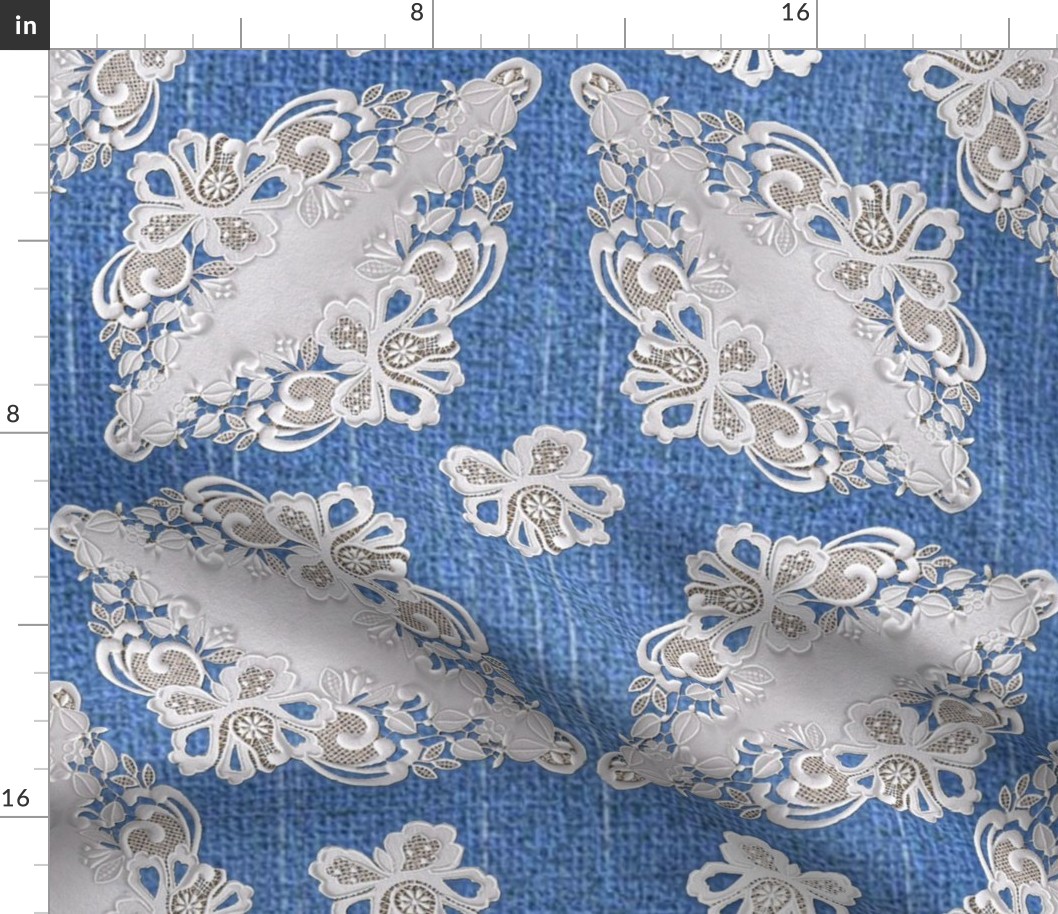 Small repeat lace patterns on blue denim