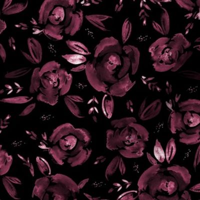 Burgundy on black roses - hand painted flowers 259