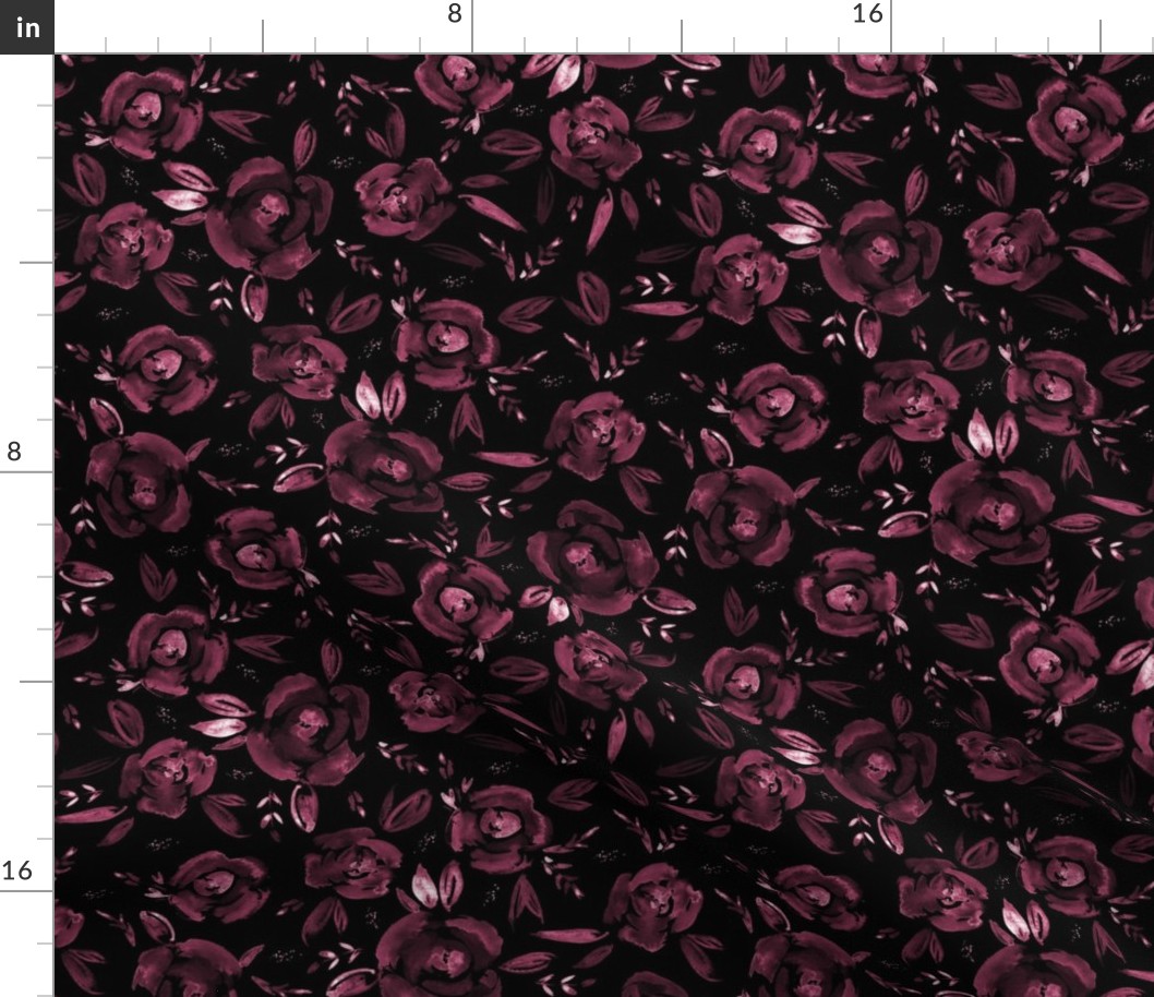 Burgundy on black roses - hand painted flowers 259