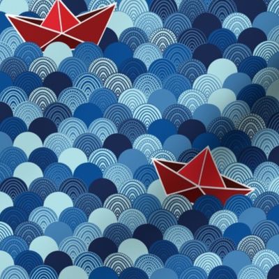 Waves with Red Origami Ships and Boats, Blue Sea Ocean doodle Waves 