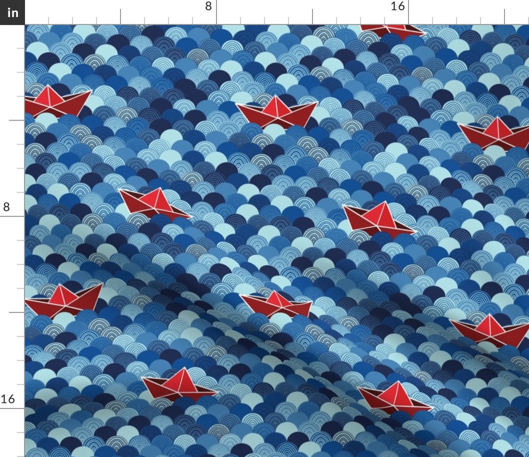 Waves with Red Origami Ships and Boats, Blue Sea Ocean doodle Waves 