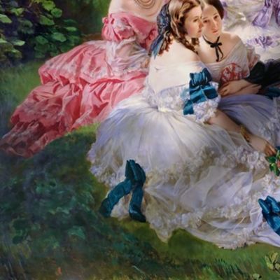Victorian queen princess bride queen flowers floral roses white off shoulder dress gowns straw hats picnic gathering party bows tulle shawl lace forests garden trees colorful green pink yellow grey ringlets curly barrel chestnut curls brown hair ornate be