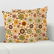 Retro 70s flowers ditsy moss green brown orange mid-century modern