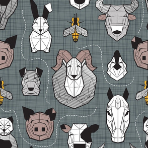 Normal scale // Friendly Geometric Farm Animals // green grey linen texture background black and white brown grey and yellow pigs queen bees lambs cows bulls dogs cats horses chickens and bunnies