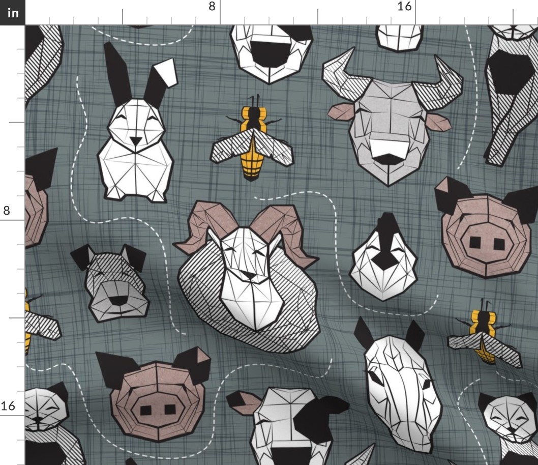Normal scale // Friendly Geometric Farm Animals // green grey linen texture background black and white brown grey and yellow pigs queen bees lambs cows bulls dogs cats horses chickens and bunnies