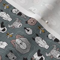 Tiny scale // Friendly Geometric Farm Animals // green grey linen texture background green grey linen texture background black and white brown grey and yellow pigs queen bees lambs cows bulls dogs cats horses chickens and bunnies