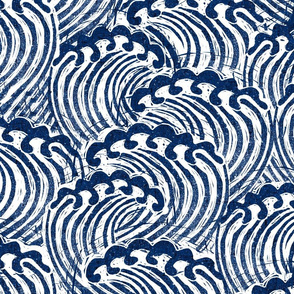 LARGE block printed waves - wave fabric, japanese fabric, interiors fabric, ocean waves, wallpaper, interiors - indigo