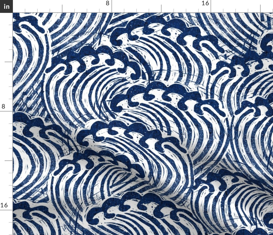 LARGE block printed waves - wave fabric, japanese fabric, interiors fabric, ocean waves, wallpaper, interiors - indigo