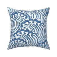 LARGE block printed waves - wave fabric, japanese fabric, interiors fabric, ocean waves, wallpaper, interiors - sky blue