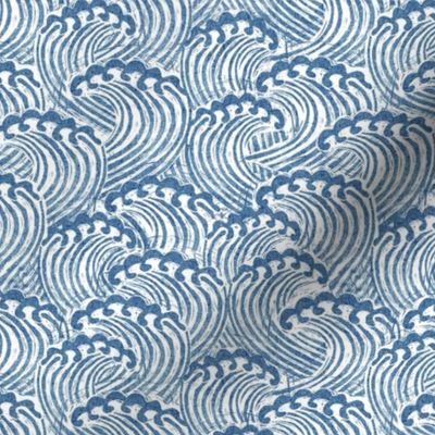 SMALL block printed waves - wave fabric, japanese fabric, interiors fabric, ocean waves, wallpaper, interiors - sky blue