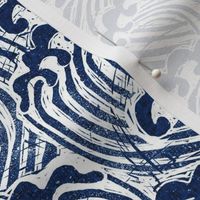 MED block printed waves - wave fabric, japanese fabric, interiors fabric, ocean waves, wallpaper, interiors - indigo