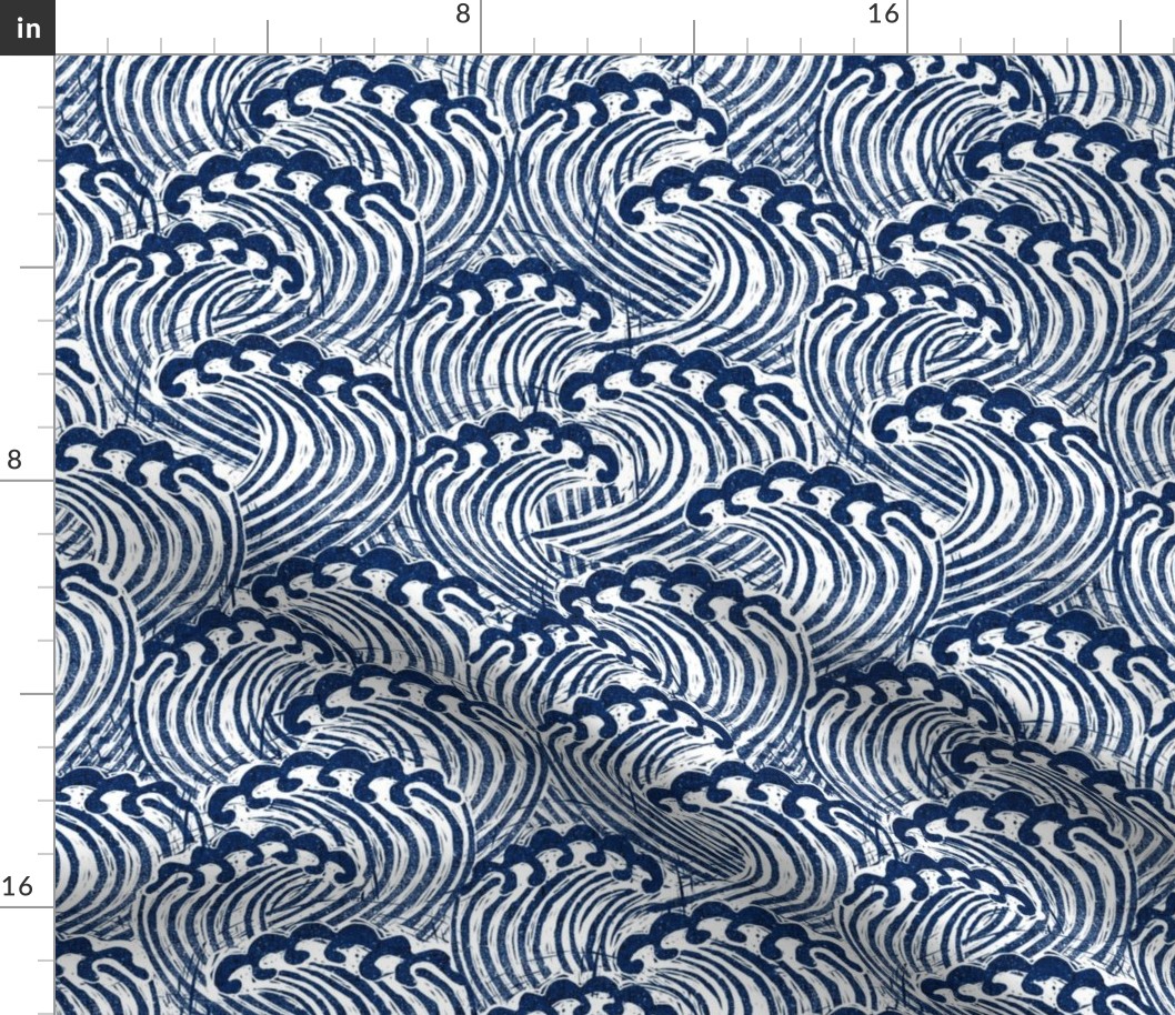 MED block printed waves - wave fabric, japanese fabric, interiors fabric, ocean waves, wallpaper, interiors - indigo