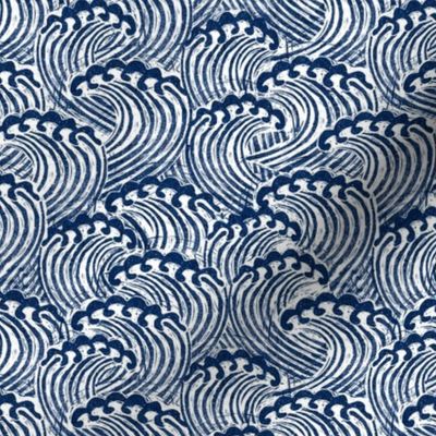 SMALL block printed waves - wave fabric, japanese fabric, interiors fabric, ocean waves, wallpaper, interiors - indigo