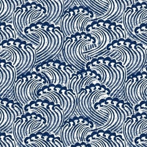 SMALL block printed waves - wave fabric, japanese fabric, interiors fabric, ocean waves, wallpaper, interiors - indigo