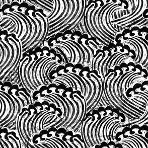 MED block printed waves - wave fabric, japanese fabric, interiors fabric, ocean waves, wallpaper, interiors - black