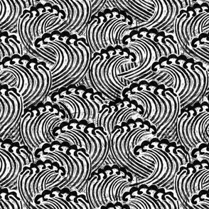 SMALL block printed waves - wave fabric, japanese fabric, interiors fabric, ocean waves, wallpaper, interiors - black