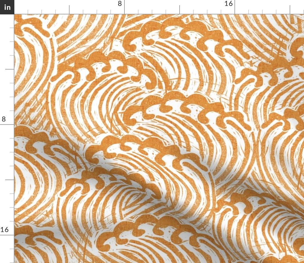 LARGE block printed waves - wave fabric, japanese fabric, interiors fabric, ocean waves, wallpaper, interiors - golden yellow