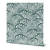 LARGE block printed waves - wave fabric, japanese fabric, interiors fabric, ocean waves, wallpaper, interiors - dark green