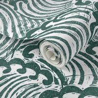 LARGE block printed waves - wave fabric, japanese fabric, interiors fabric, ocean waves, wallpaper, interiors - dark green