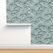 LARGE block printed waves - wave fabric, japanese fabric, interiors fabric, ocean waves, wallpaper, interiors - dark green