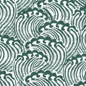 LARGE block printed waves - wave fabric, japanese fabric, interiors fabric, ocean waves, wallpaper, interiors - dark green