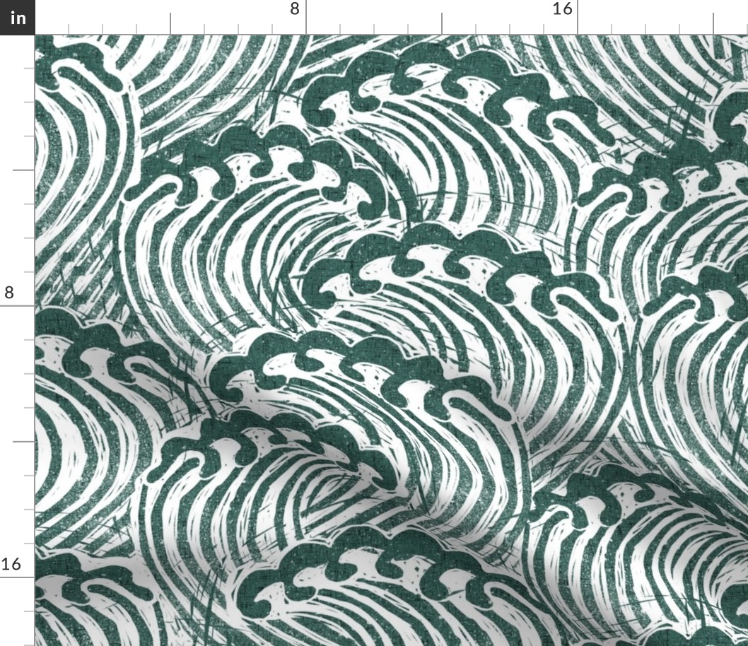 LARGE block printed waves - wave fabric, japanese fabric, interiors fabric, ocean waves, wallpaper, interiors - dark green