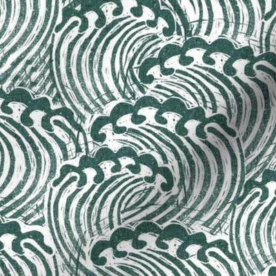 MED block printed waves - wave fabric, japanese fabric, interiors fabric, ocean waves, wallpaper, interiors - dark green