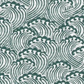 MED block printed waves - wave fabric, japanese fabric, interiors fabric, ocean waves, wallpaper, interiors - dark green