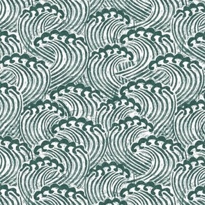 SMALL  block printed waves - wave fabric, japanese fabric, interiors fabric, ocean waves, wallpaper, interiors - dark green