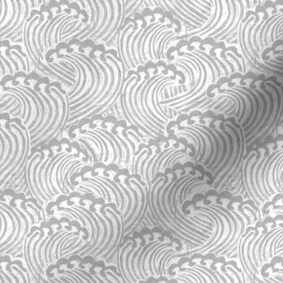 SMALL  block printed waves - wave fabric, japanese fabric, interiors fabric, ocean waves, wallpaper, interiors - grey
