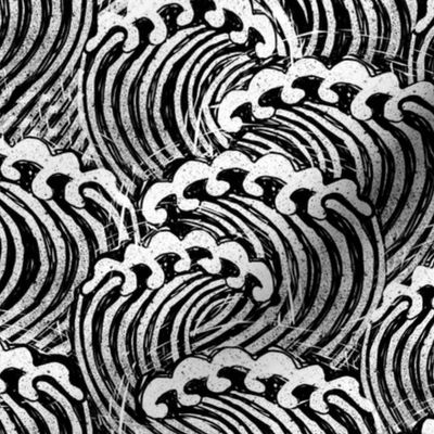MED  block printed waves - wave fabric, japanese fabric, interiors fabric, ocean waves, wallpaper, interiors - black