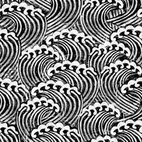 MED  block printed waves - wave fabric, japanese fabric, interiors fabric, ocean waves, wallpaper, interiors - black