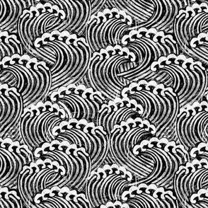 SMALL   block printed waves - wave fabric, japanese fabric, interiors fabric, ocean waves, wallpaper, interiors - black