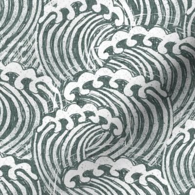MED  block printed waves - wave fabric, japanese fabric, interiors fabric, ocean waves, wallpaper, interiors - sage