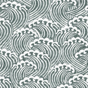 MED  block printed waves - wave fabric, japanese fabric, interiors fabric, ocean waves, wallpaper, interiors - sage