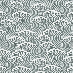 SMALL  block printed waves - wave fabric, japanese fabric, interiors fabric, ocean waves, wallpaper, interiors - sage