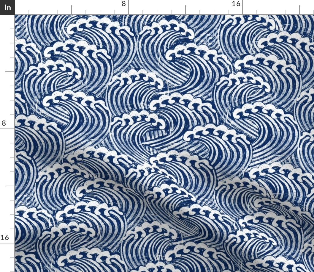 MED  block printed waves - wave fabric, japanese fabric, interiors fabric, ocean waves, wallpaper, interiors - dark blue