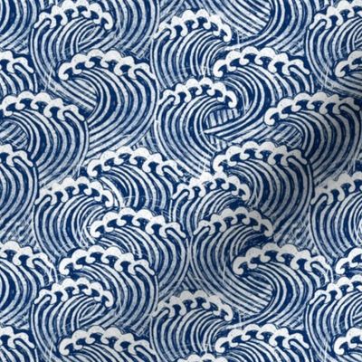 SMALL block printed waves - wave fabric, japanese fabric, interiors fabric, ocean waves, wallpaper, interiors - dark blue