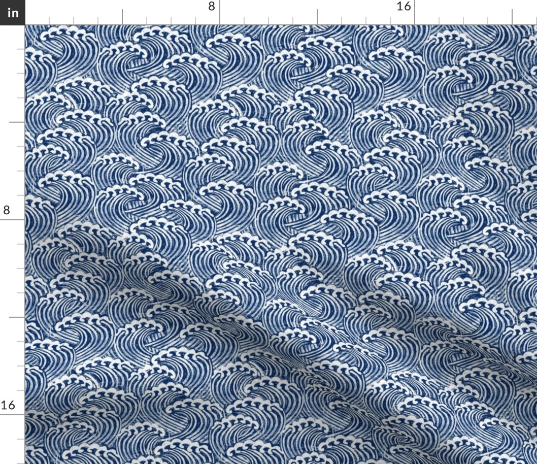 SMALL block printed waves - wave fabric, japanese fabric, interiors fabric, ocean waves, wallpaper, interiors - dark blue