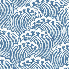 LARGE block printed waves - wave fabric, japanese fabric, interiors fabric, ocean waves, wallpaper, interiors - light blue