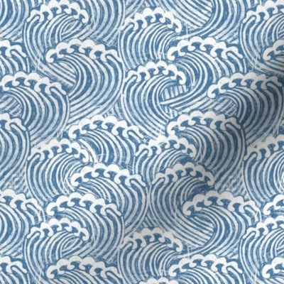 SMALL block printed waves - wave fabric, japanese fabric, interiors fabric, ocean waves, wallpaper, interiors - light blue