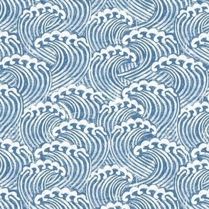 SMALL block printed waves - wave fabric, japanese fabric, interiors fabric, ocean waves, wallpaper, interiors - light blue