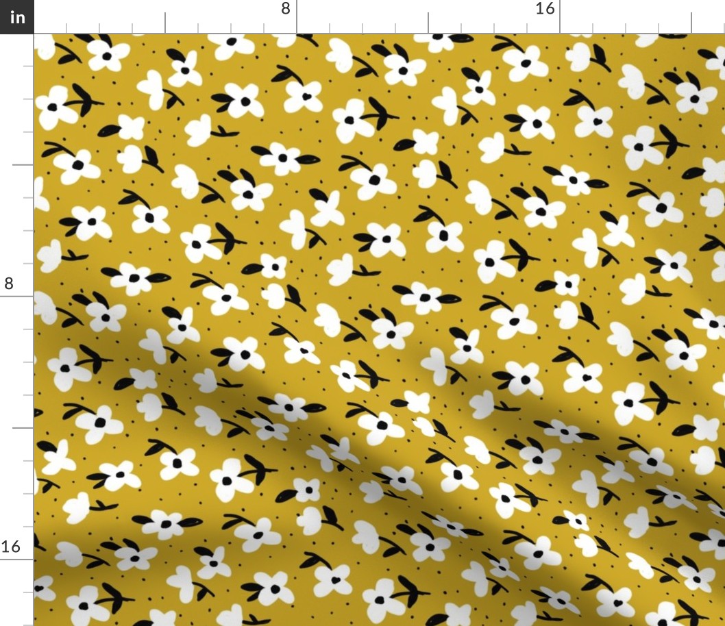 spring meadow floral fabric - prairie fabric, baby girl fabric, baby bedding, crib sheet fabric, sweet girls fabric - mustard