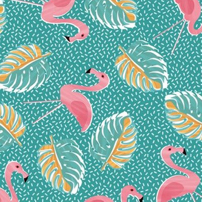 Ditsy lawn flamingos and Monsteria - teal