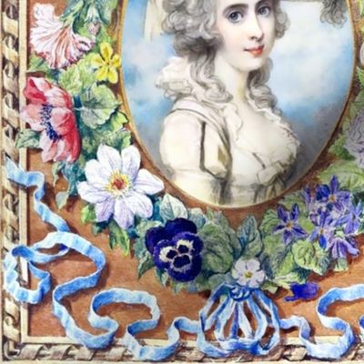 Marie Antoinette inspired white dress baroque victorian black  feathers beautiful lady woman big hat flowers floral roses leaves bows daisy lily pansy tulips ribbons medallion oval frames bouquet garland wreath colorful rainbow green red pink green purple