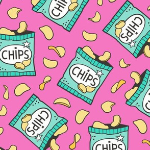 Potato Chips Fast Food Mint Green on Dark Pink