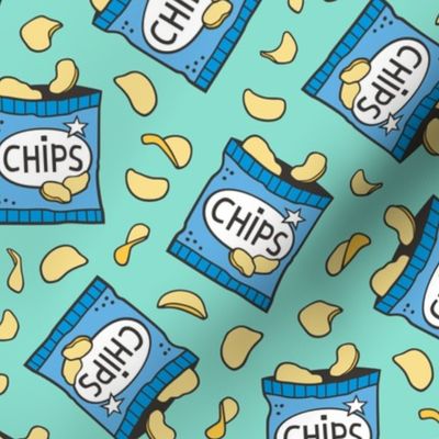 Potato Chips Fast Food Blue on Mint Green