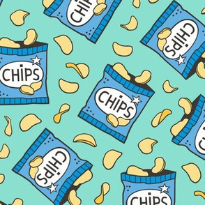 Potato Chips Fast Food Blue on Mint Green