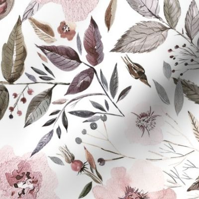 12" Autumnal Blush Pink Watercolor Whimsical Flowers Roses on white, Nursery Autumn Fabric, perfect for Girl kidsroom, kids room decor Wedding - turned